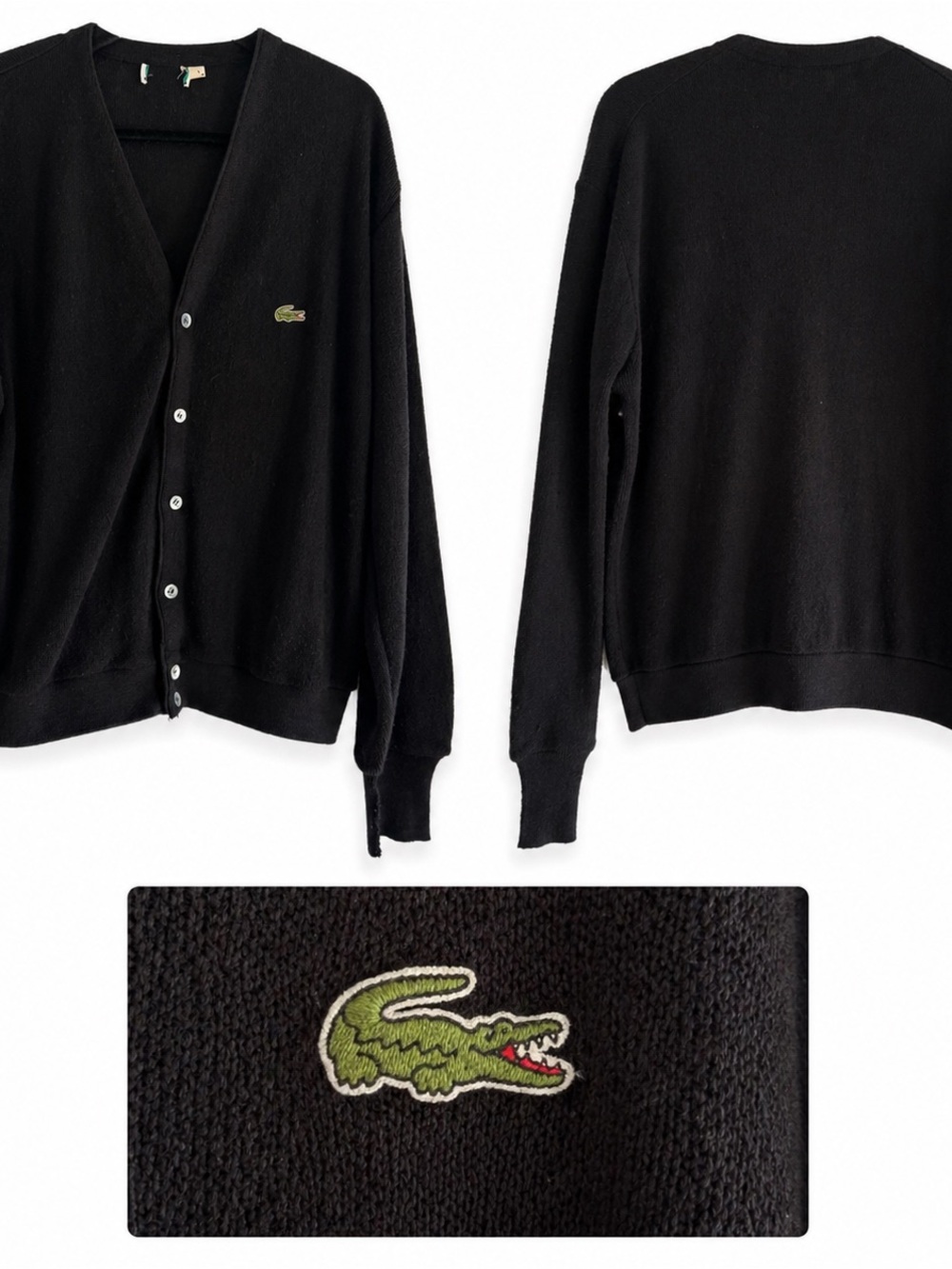 🐊 Lacoste Black Cardigan with Green Crocodile Logo- Size Large